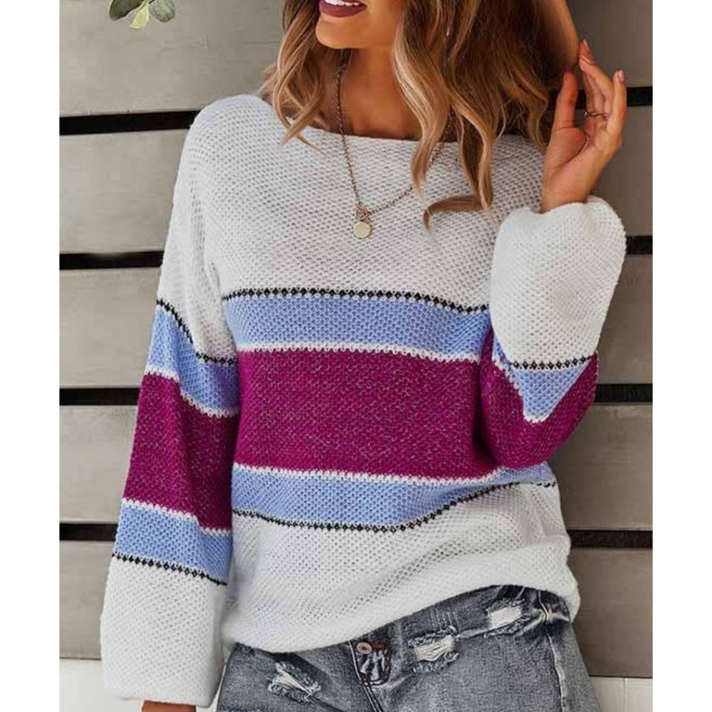 Boat Neckline Color Stripe Sweater - Picture 1 of 5